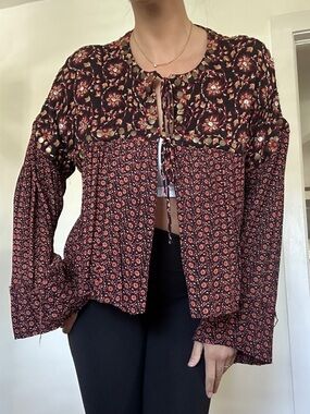 Free People Mixed Floral Tie-Neck Blouse in Burgundy and Black